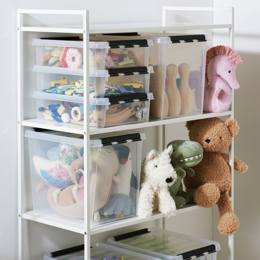 SmartStore Classic storage boxes on a shelf with toys